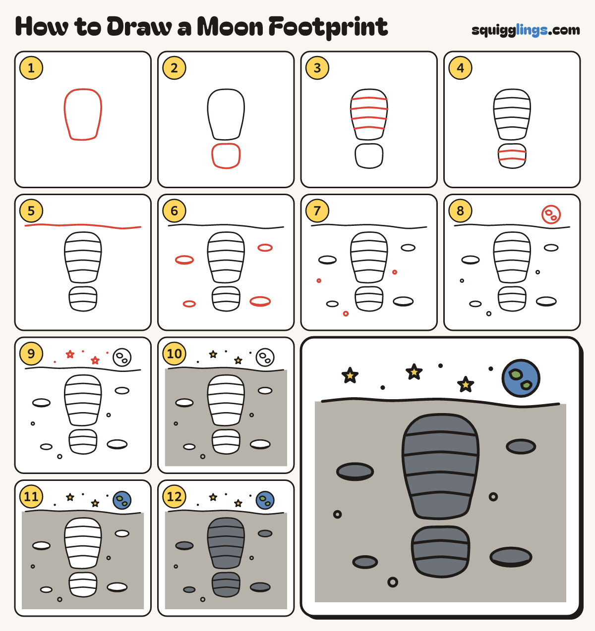 How to Draw a Moon Footprint step by step: all 12 steps in one picture
