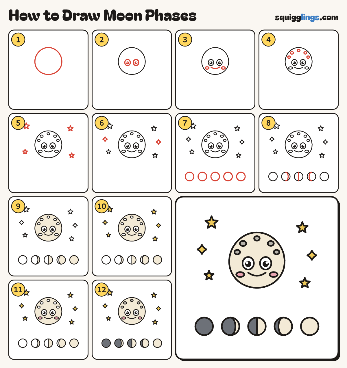 How to Draw Moon Phases step by step: all 12 steps in one picture