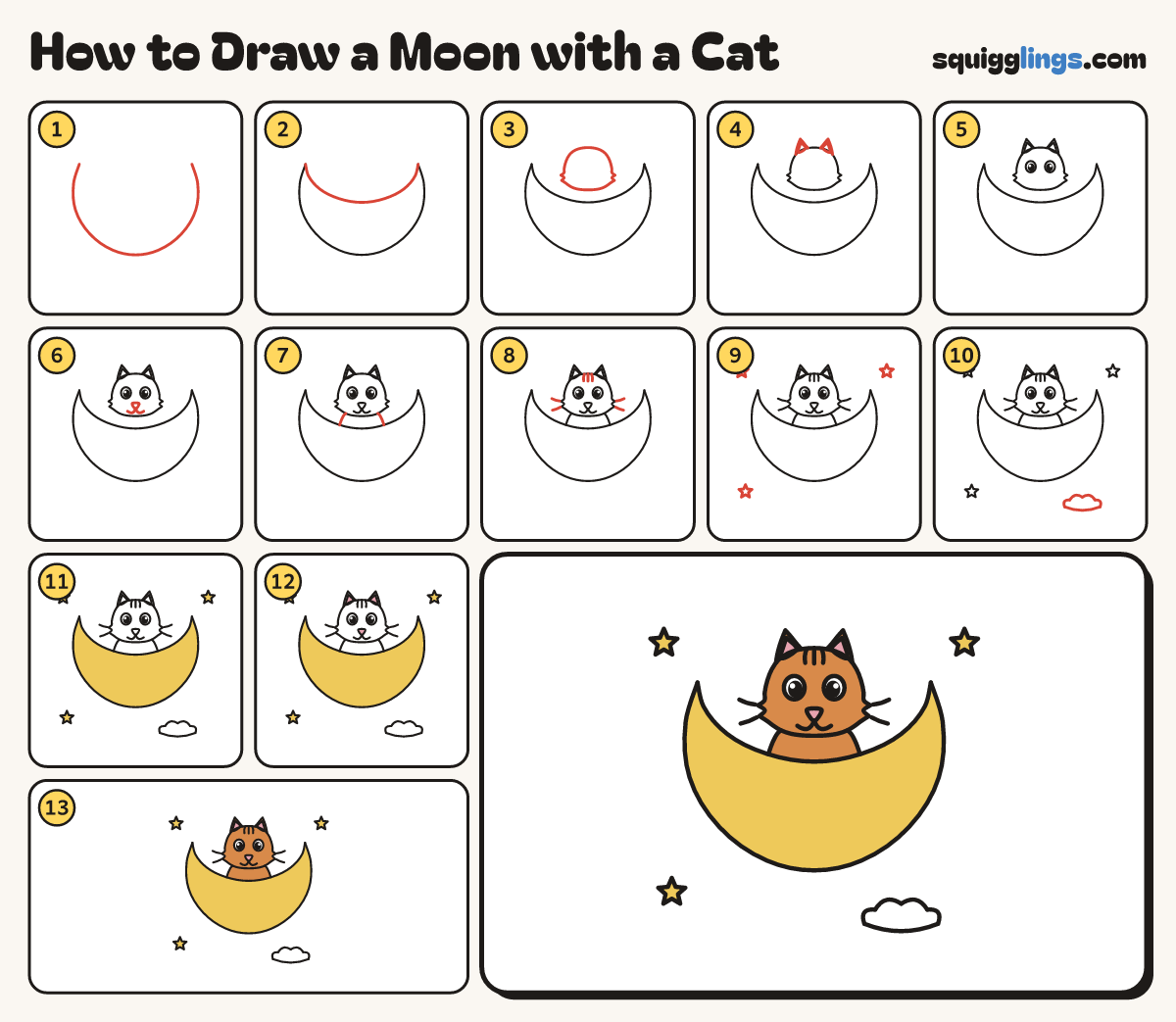 How to Draw a Moon with a Cat step by step: all 13 steps in one picture