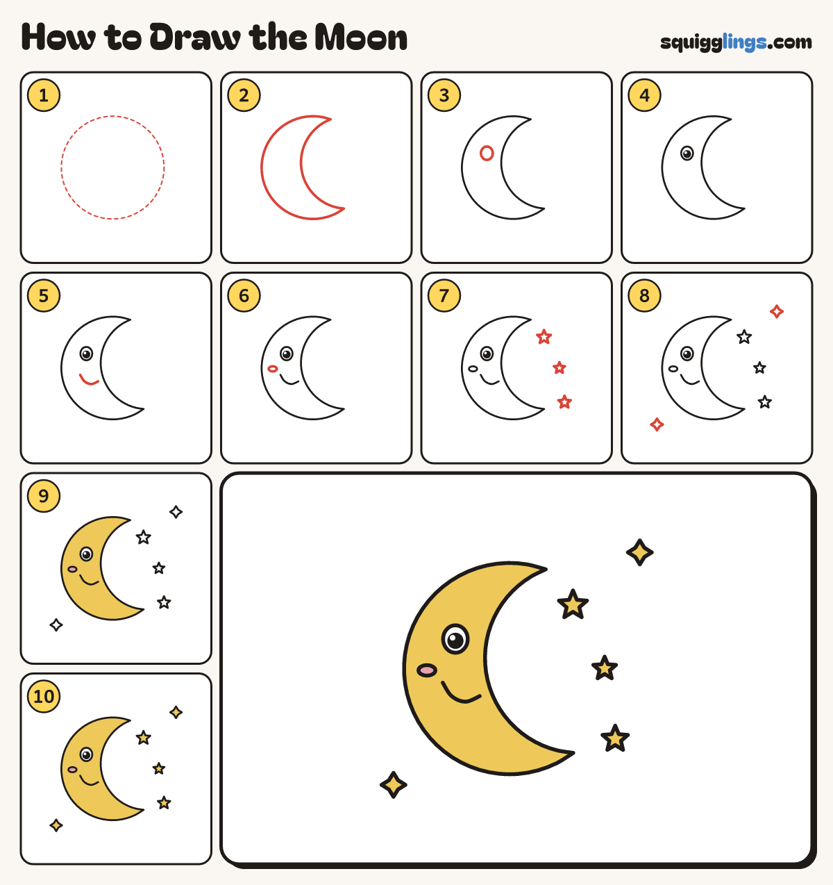How to Draw the Moon step by step: all 10 steps in one picture
