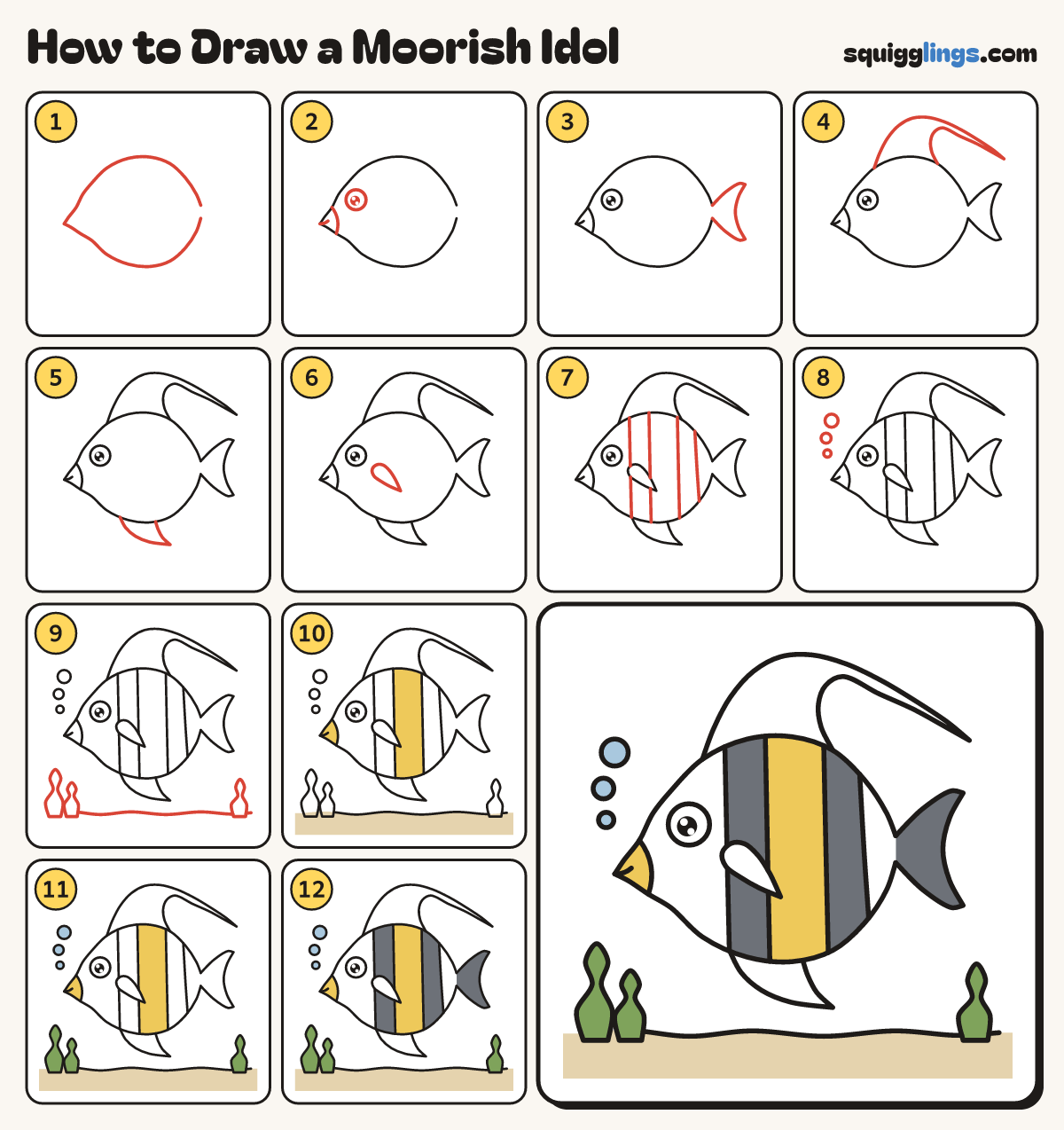 How to Draw a Moorish Idol step by step: all 12 steps in one picture