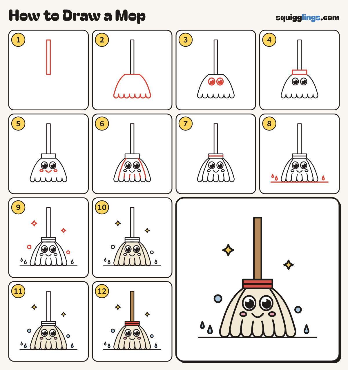 How to Draw a Mop step by step: all 12 steps in one picture