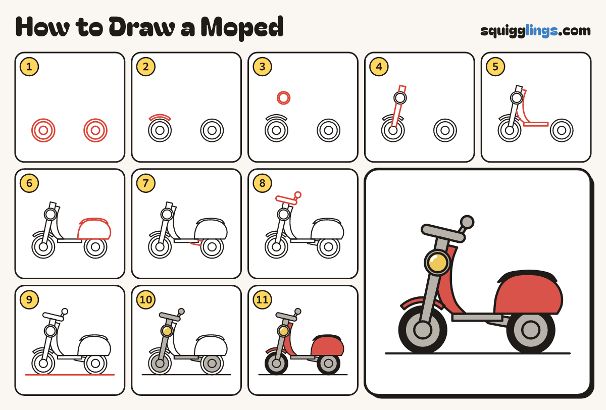 How to Draw a Moped step by step: all 11 steps in one picture