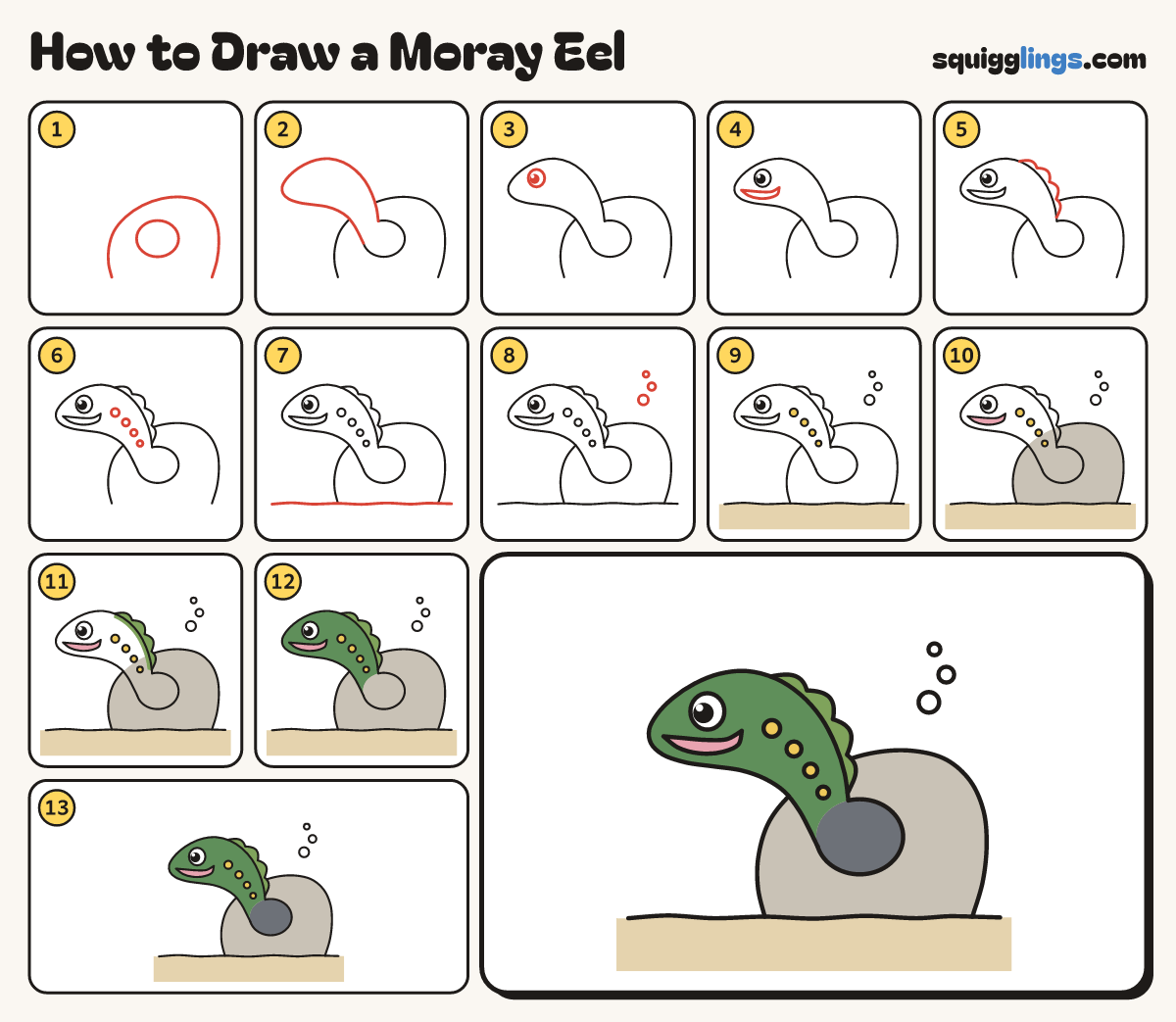 How to Draw a Moray Eel step by step: all 13 steps in one picture