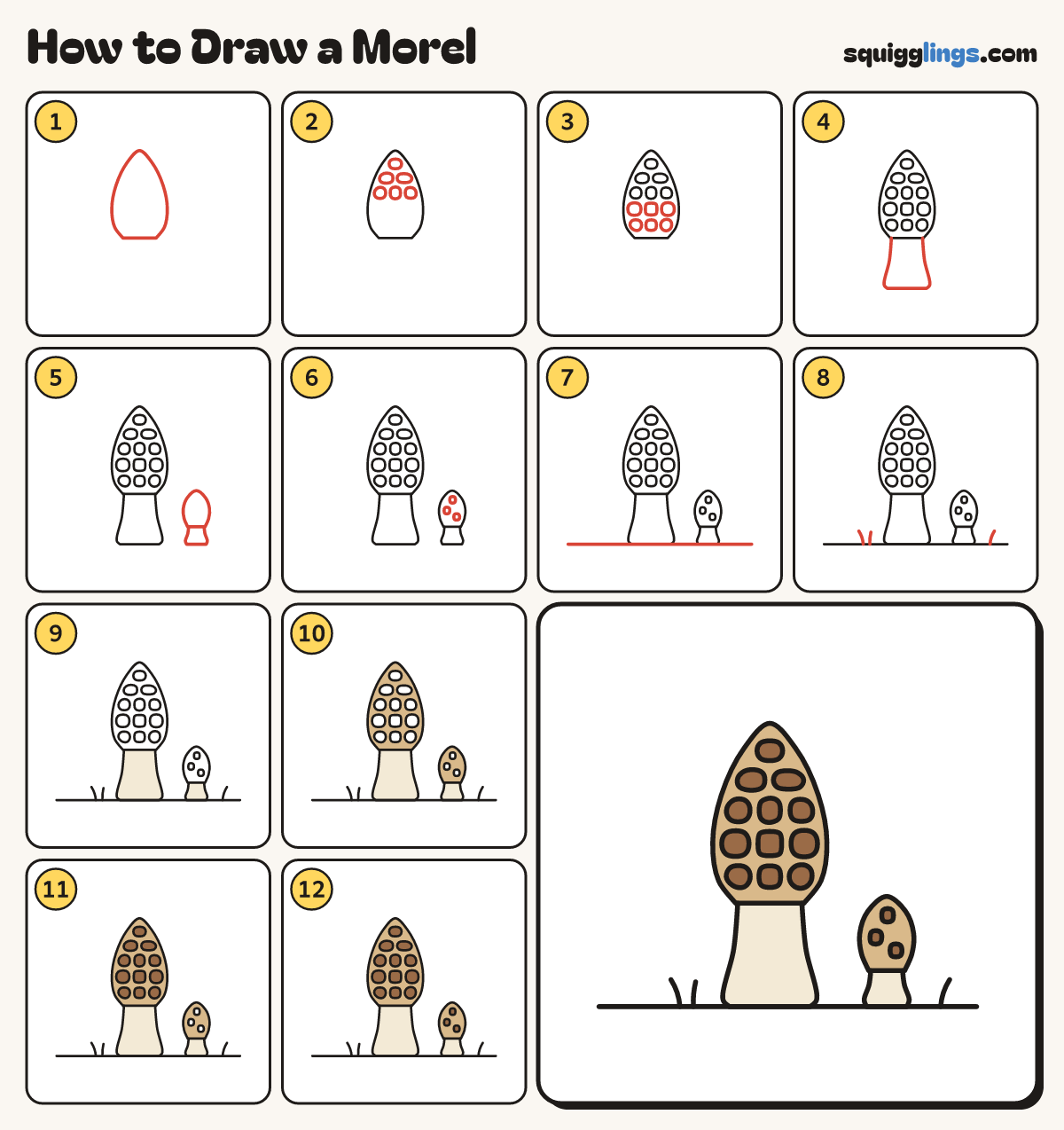 How to Draw a Morel step by step: all 12 steps in one picture