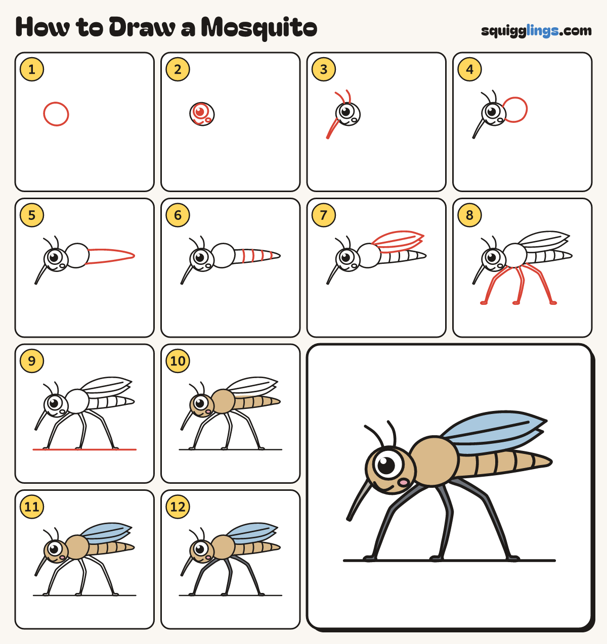 How to Draw a Mosquito step by step: all 12 steps in one picture