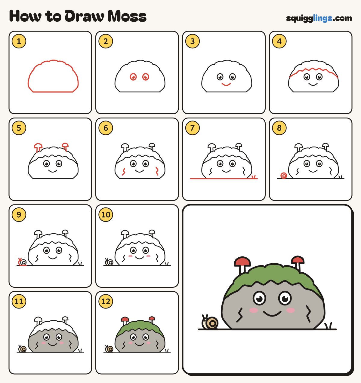 How to Draw Moss step by step: all 12 steps in one picture