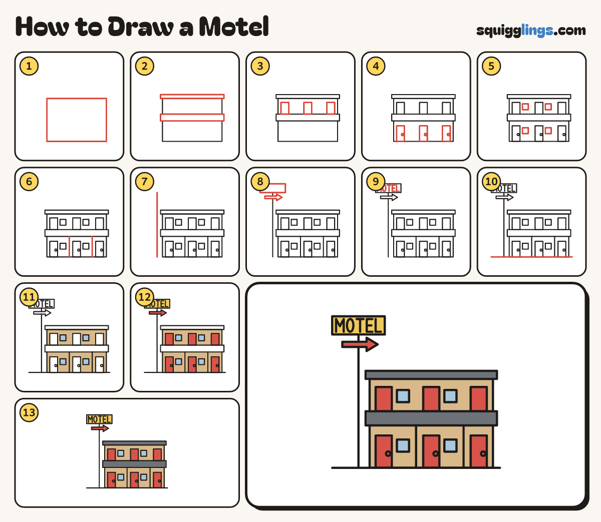 How to Draw a Motel step by step: all 13 steps in one picture