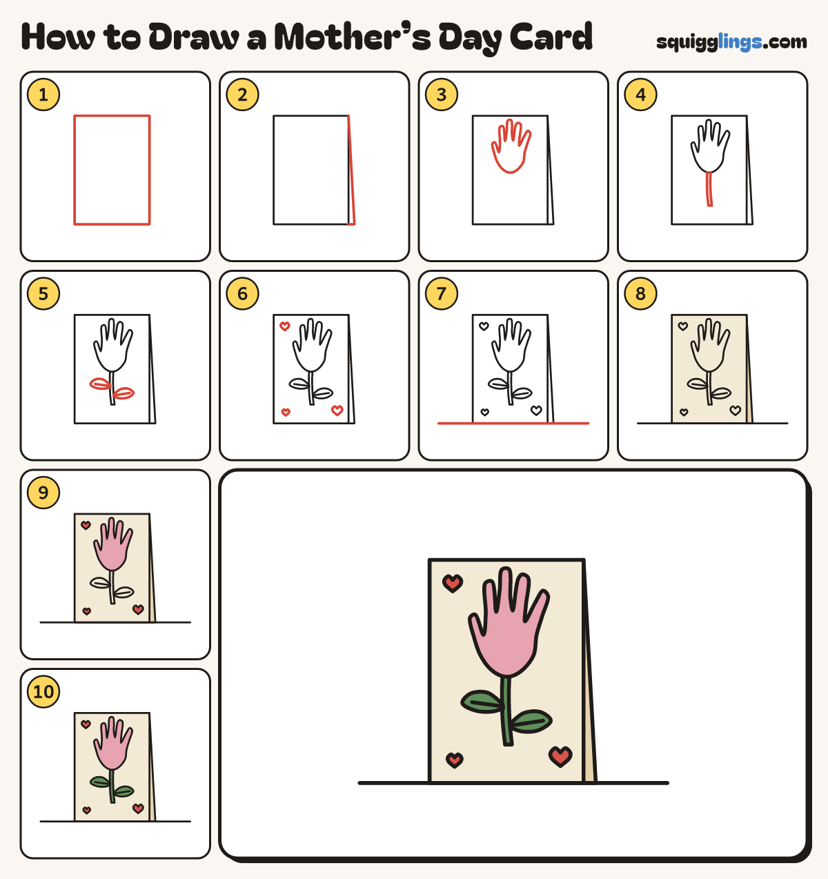 How to Draw a Mother’s Day Card step by step: all 10 steps in one picture