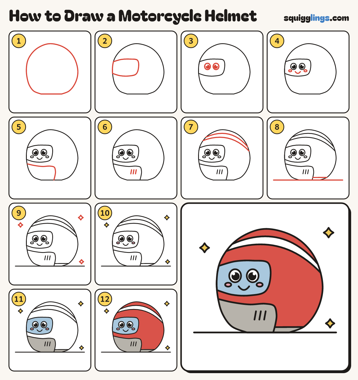 How to Draw a Motorcycle Helmet step by step: all 12 steps in one picture