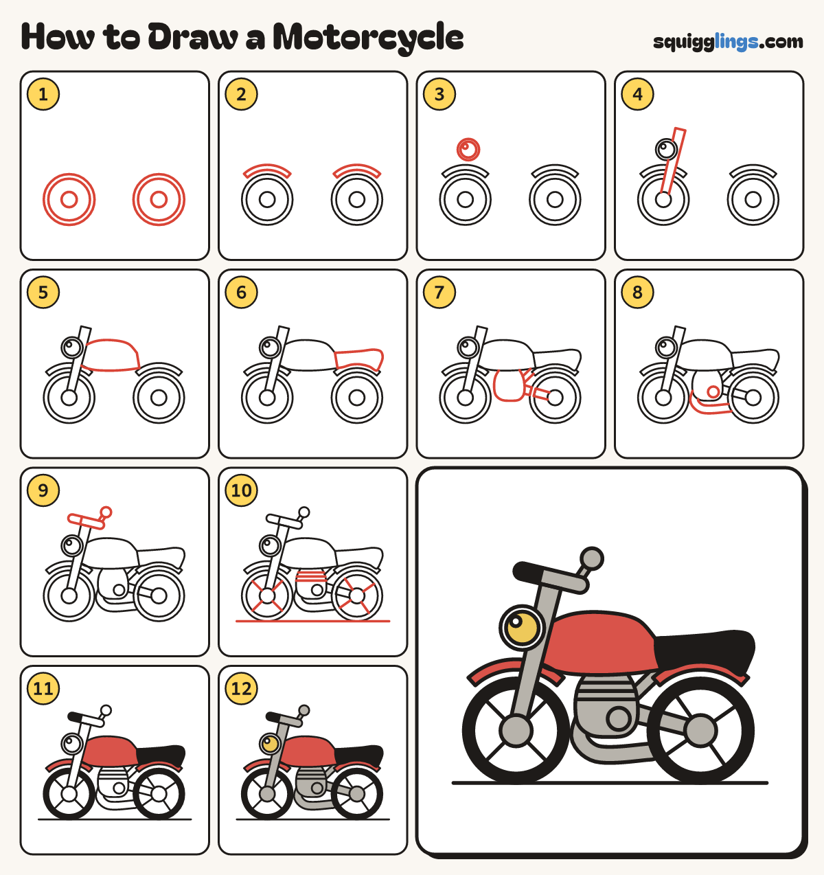 How to Draw a Motorcycle step by step: all 12 steps in one picture