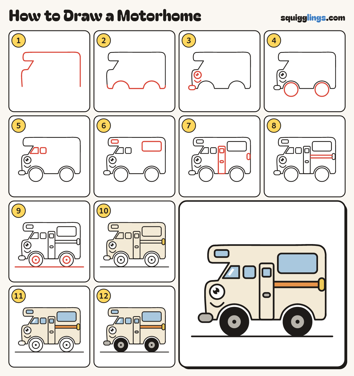 How to Draw a Motorhome step by step: all 12 steps in one picture