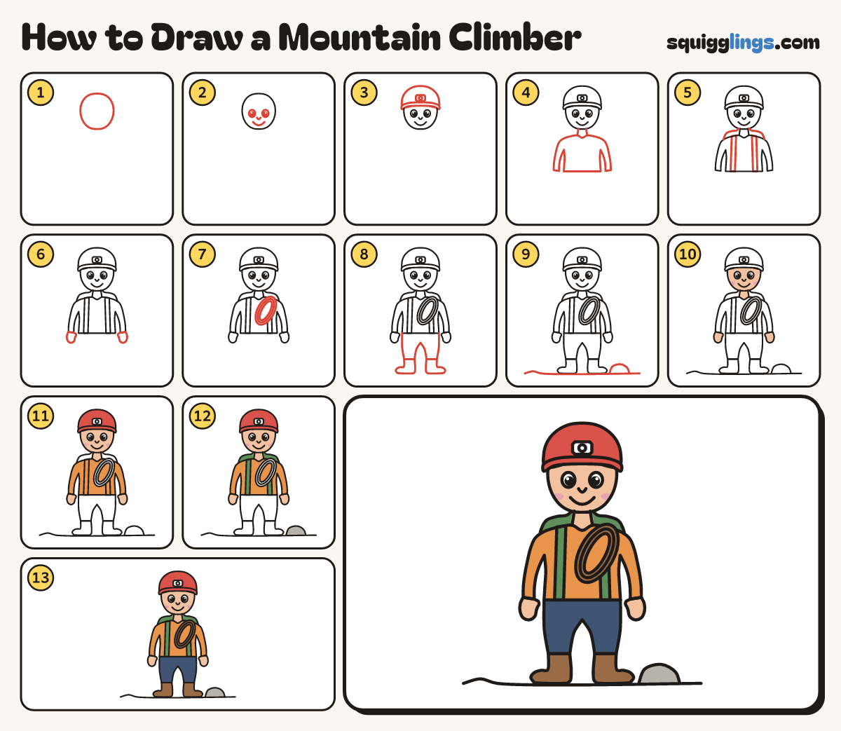 How to Draw a Mountain Climber step by step: all 13 steps in one picture