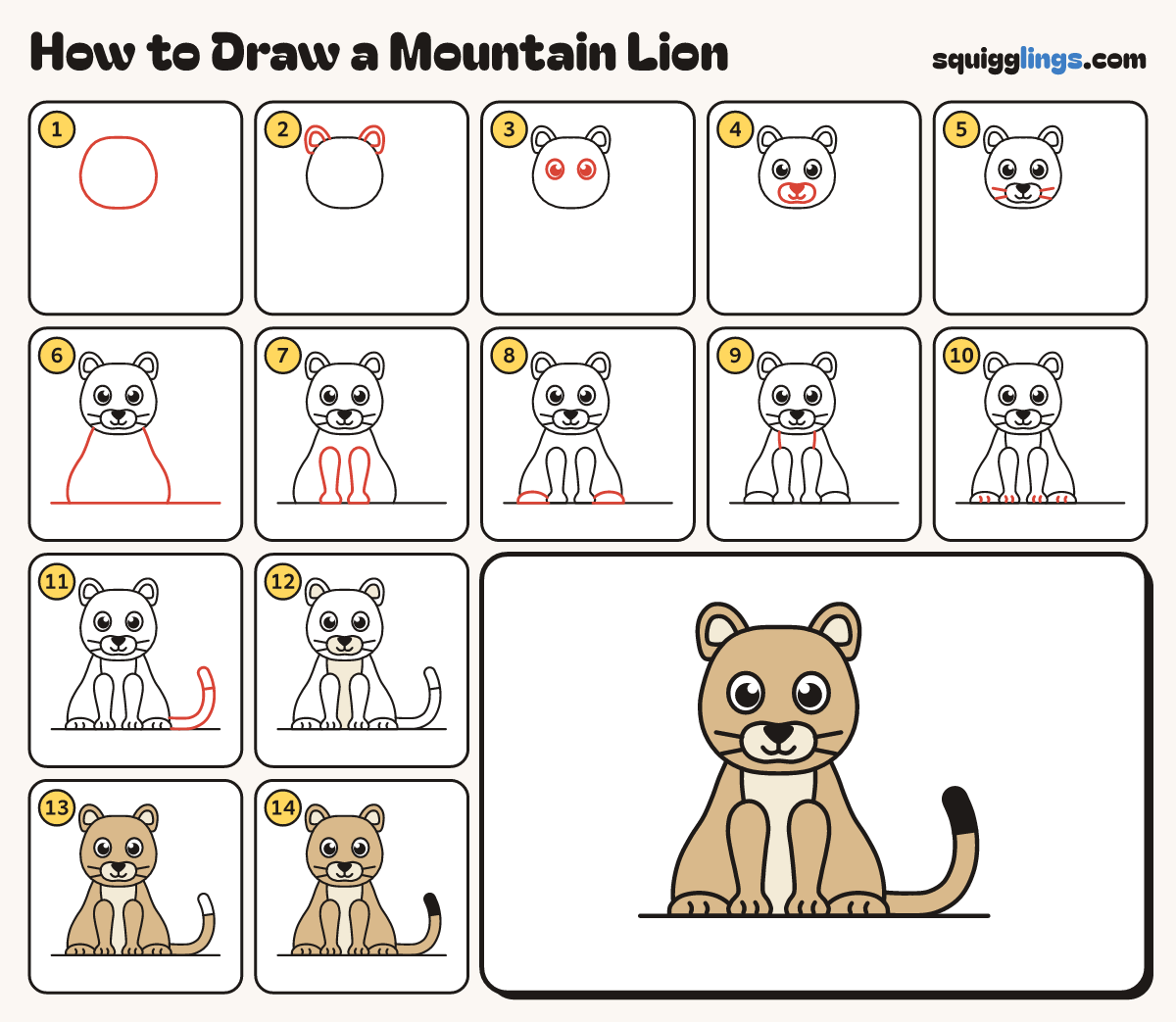 How to Draw a Mountain Lion step by step: all 14 steps in one picture