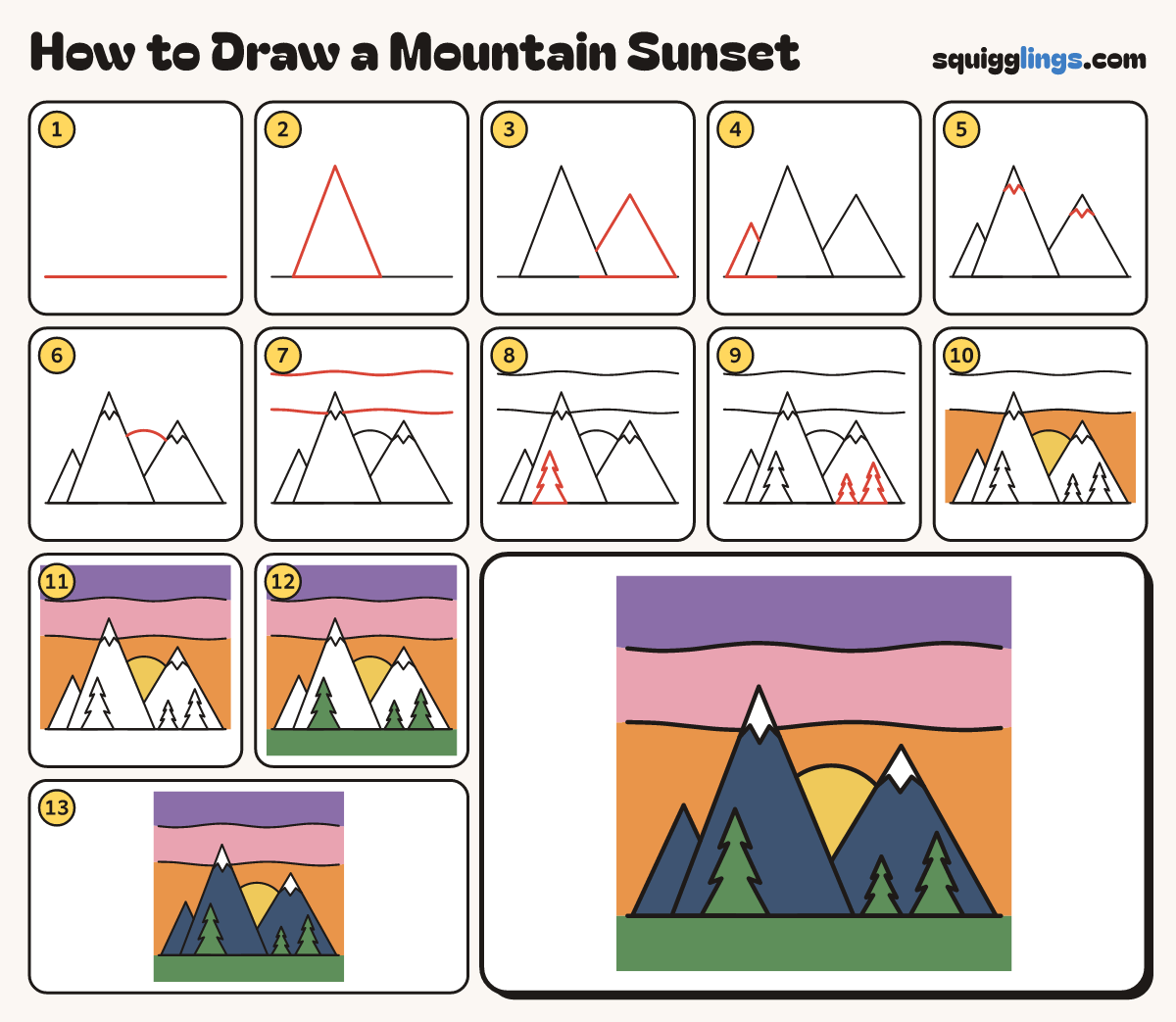 How to Draw a Mountain Sunset step by step: all 13 steps in one picture