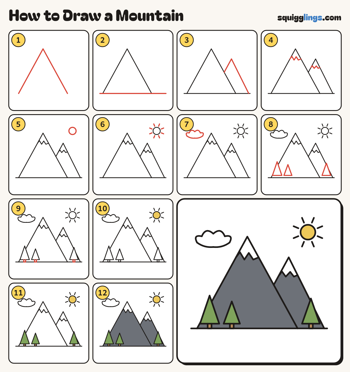 How to Draw a Mountain step by step: all 12 steps in one picture