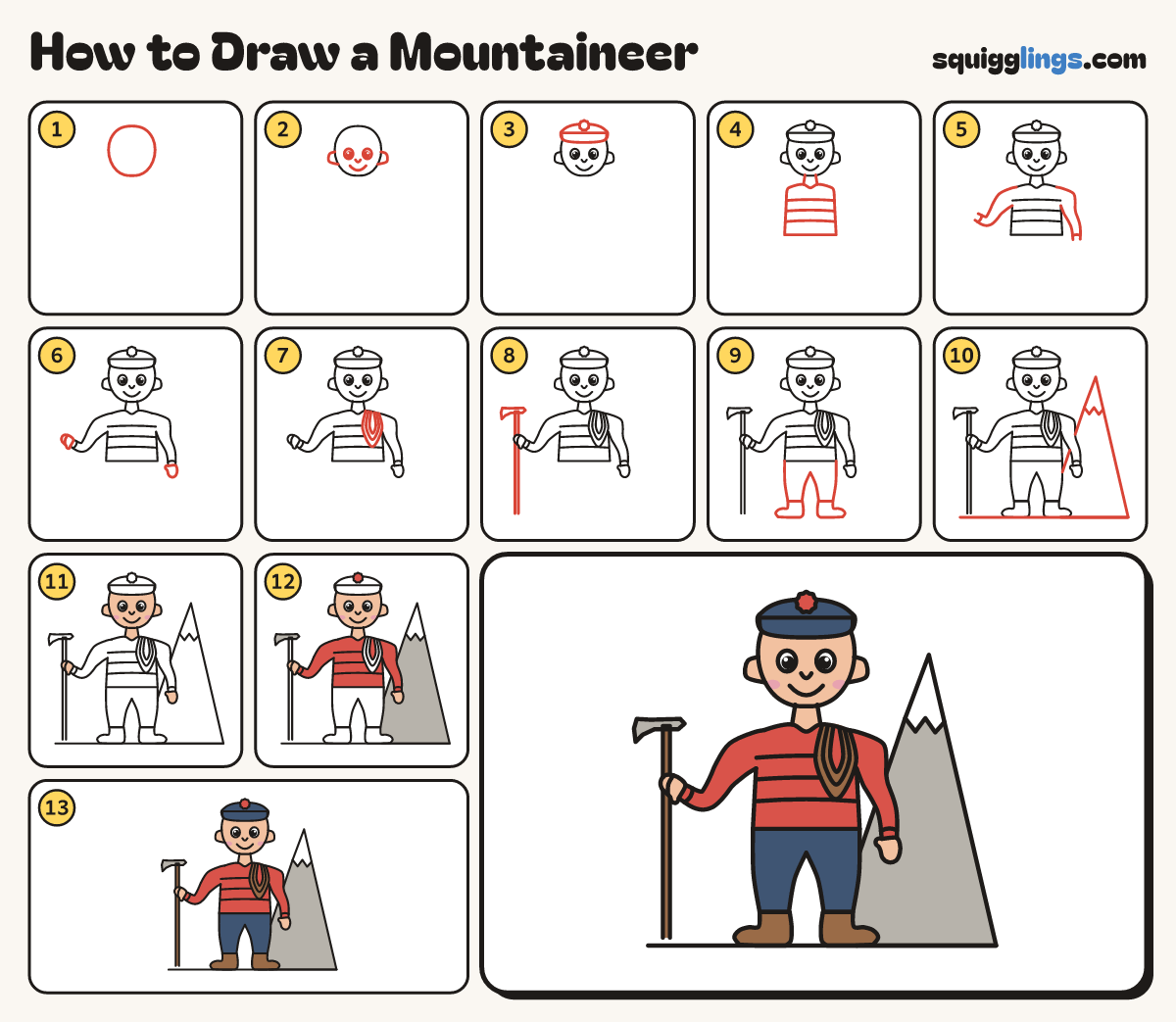 How to Draw a Mountaineer step by step: all 13 steps in one picture