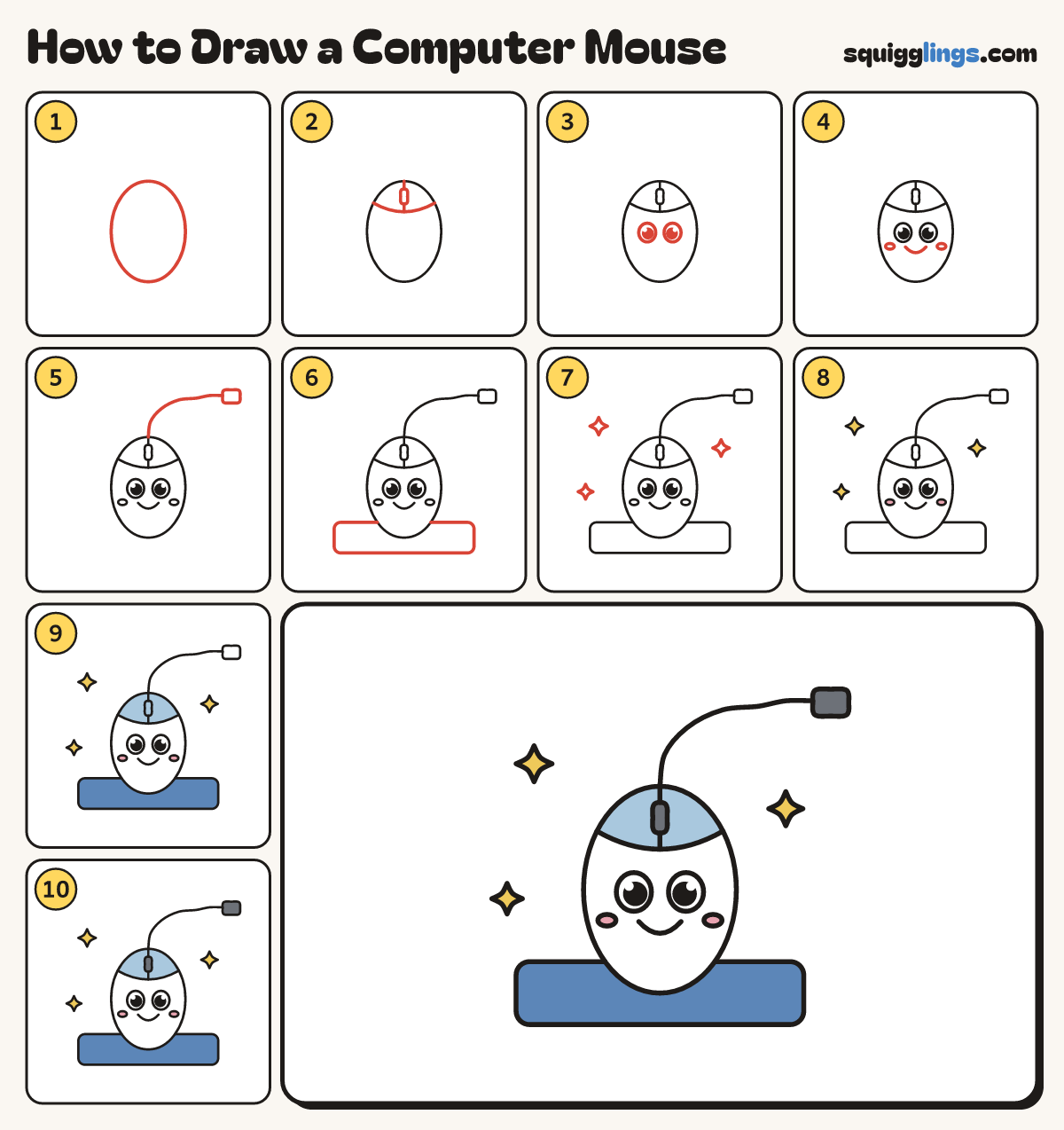 How to Draw a Computer Mouse step by step: all 10 steps in one picture
