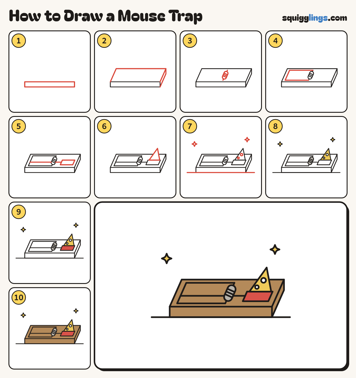 How to Draw a Mouse Trap step by step: all 10 steps in one picture