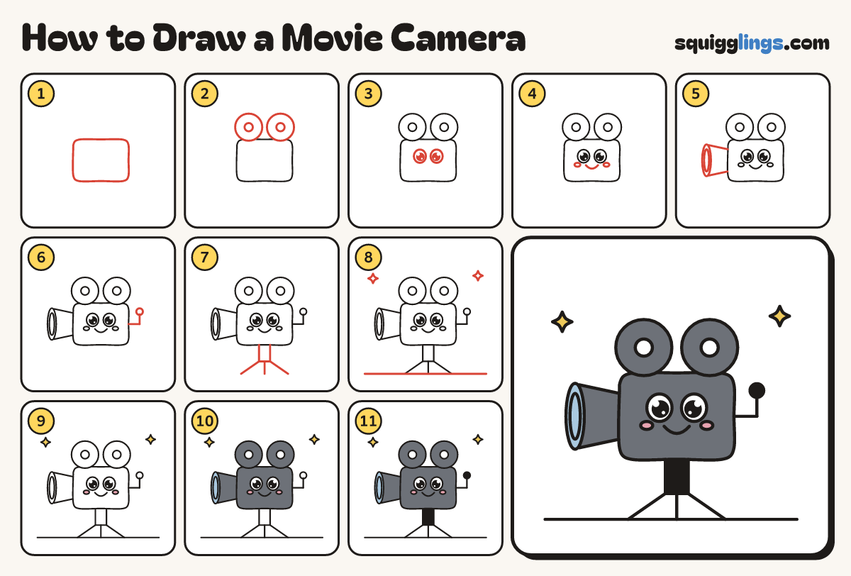 How to Draw a Movie Camera step by step: all 11 steps in one picture