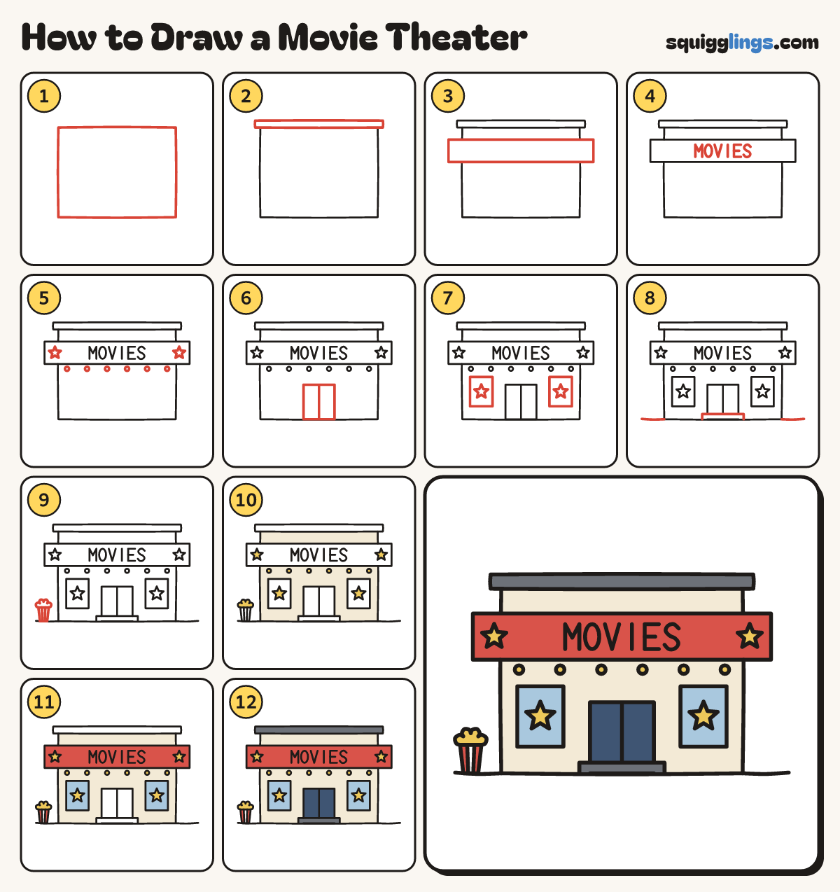 How to Draw a Movie Theater step by step: all 12 steps in one picture