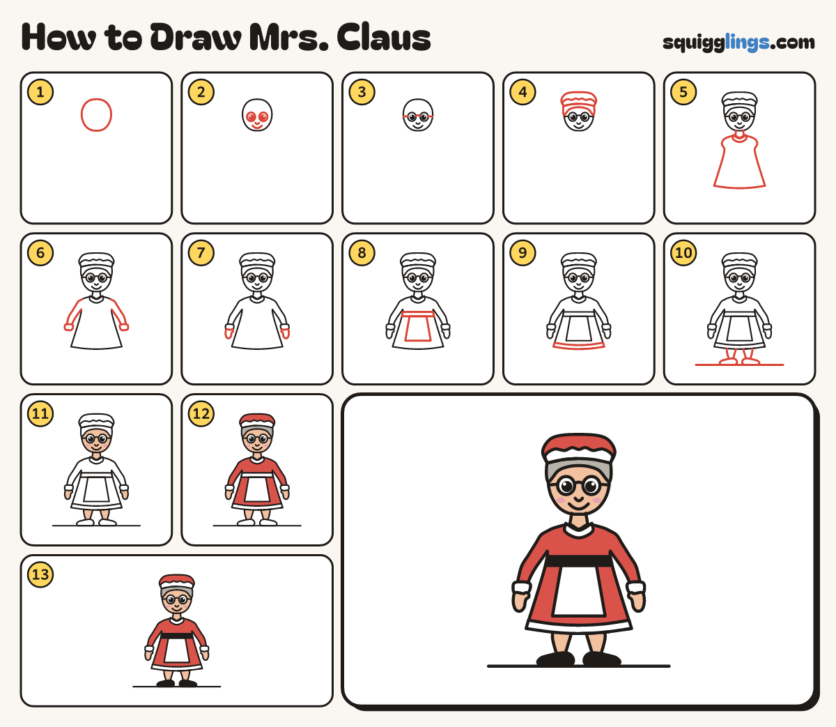 How to Draw Mrs. Claus step by step: all 13 steps in one picture