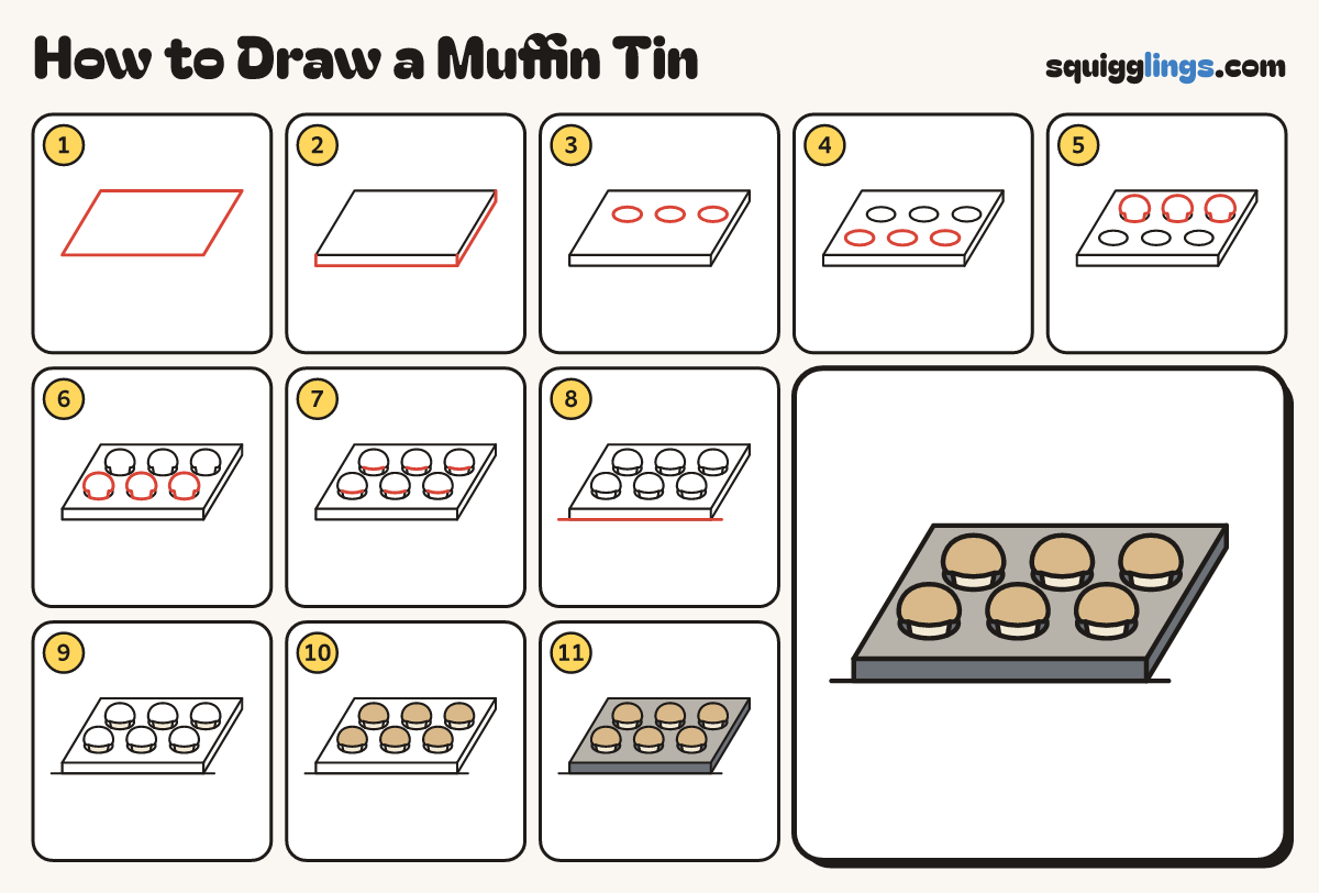 How to Draw a Muffin Tin step by step: all 11 steps in one picture