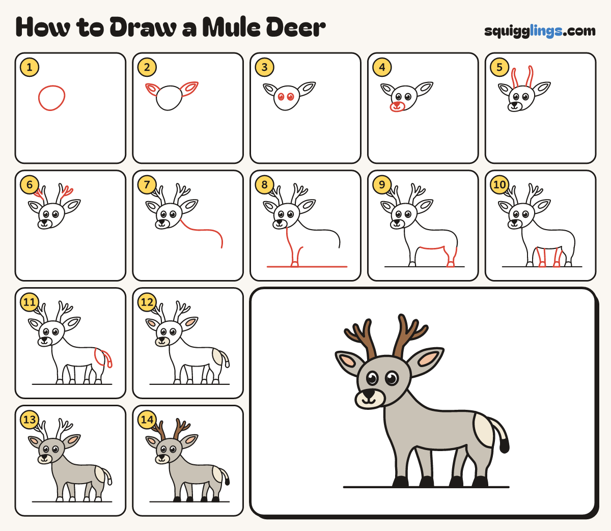 How to Draw a Mule Deer step by step: all 14 steps in one picture