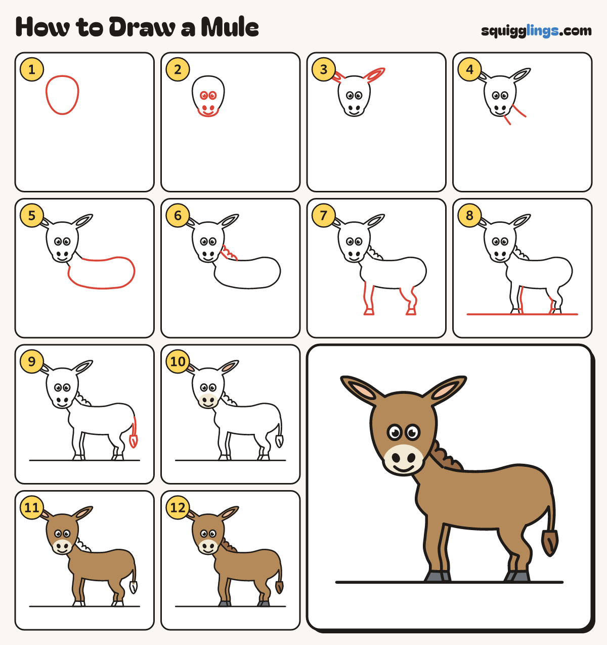 How to Draw a Mule step by step: all 12 steps in one picture