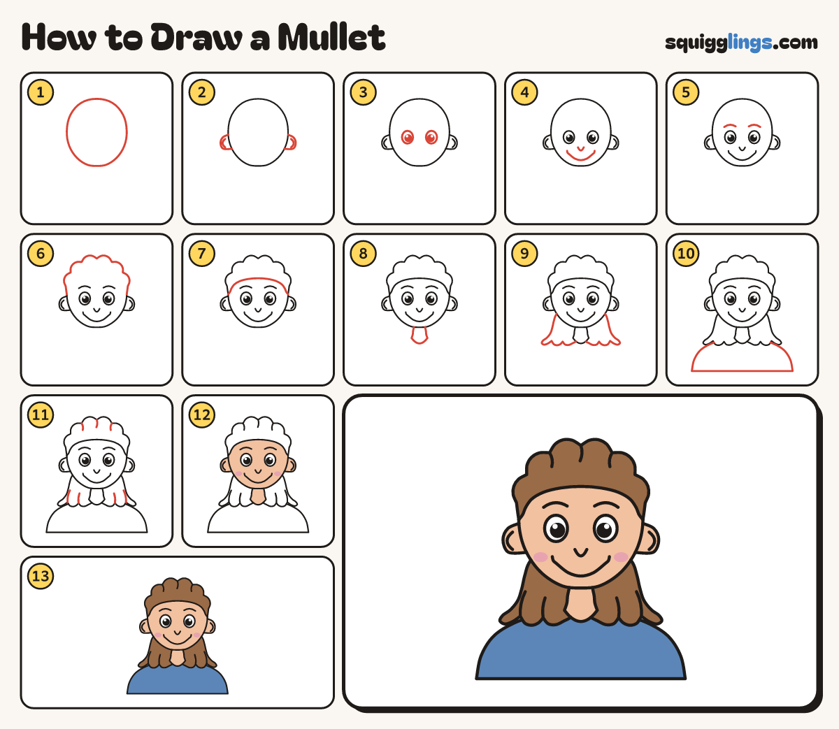How to Draw a Mullet step by step: all 13 steps in one picture