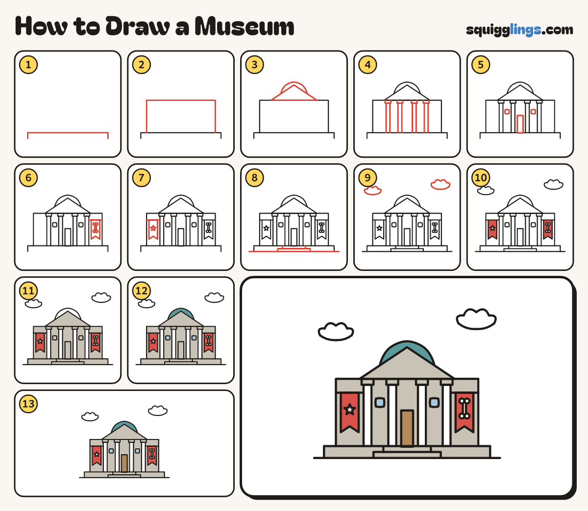 How to Draw a Museum step by step: all 13 steps in one picture