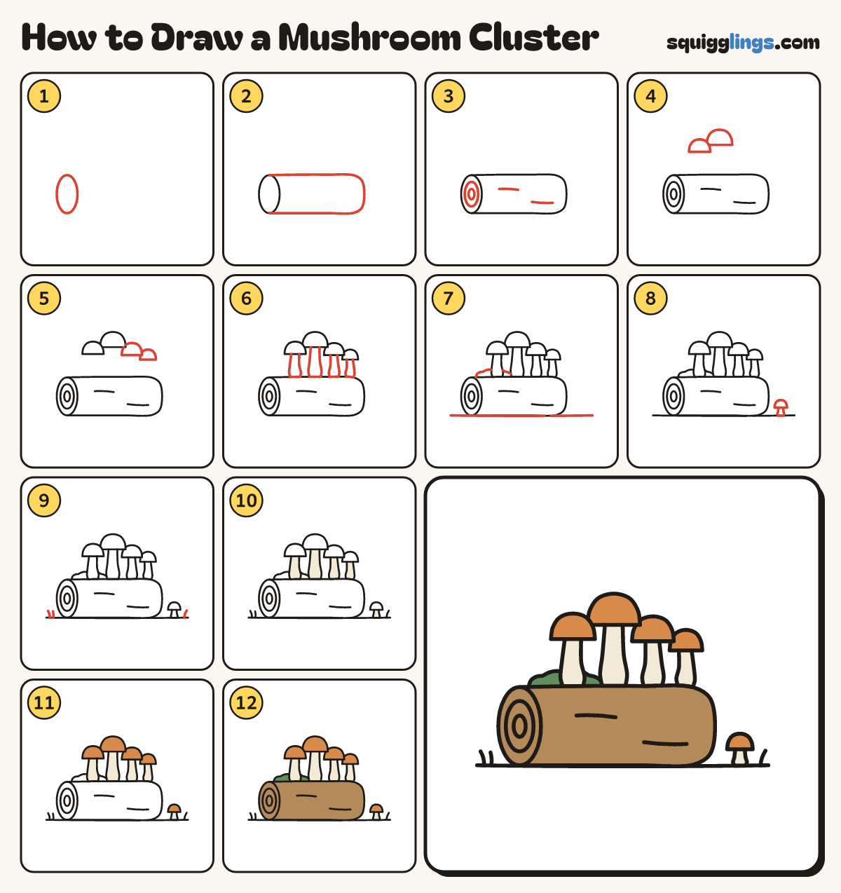 How to Draw a Mushroom Cluster step by step: all 12 steps in one picture