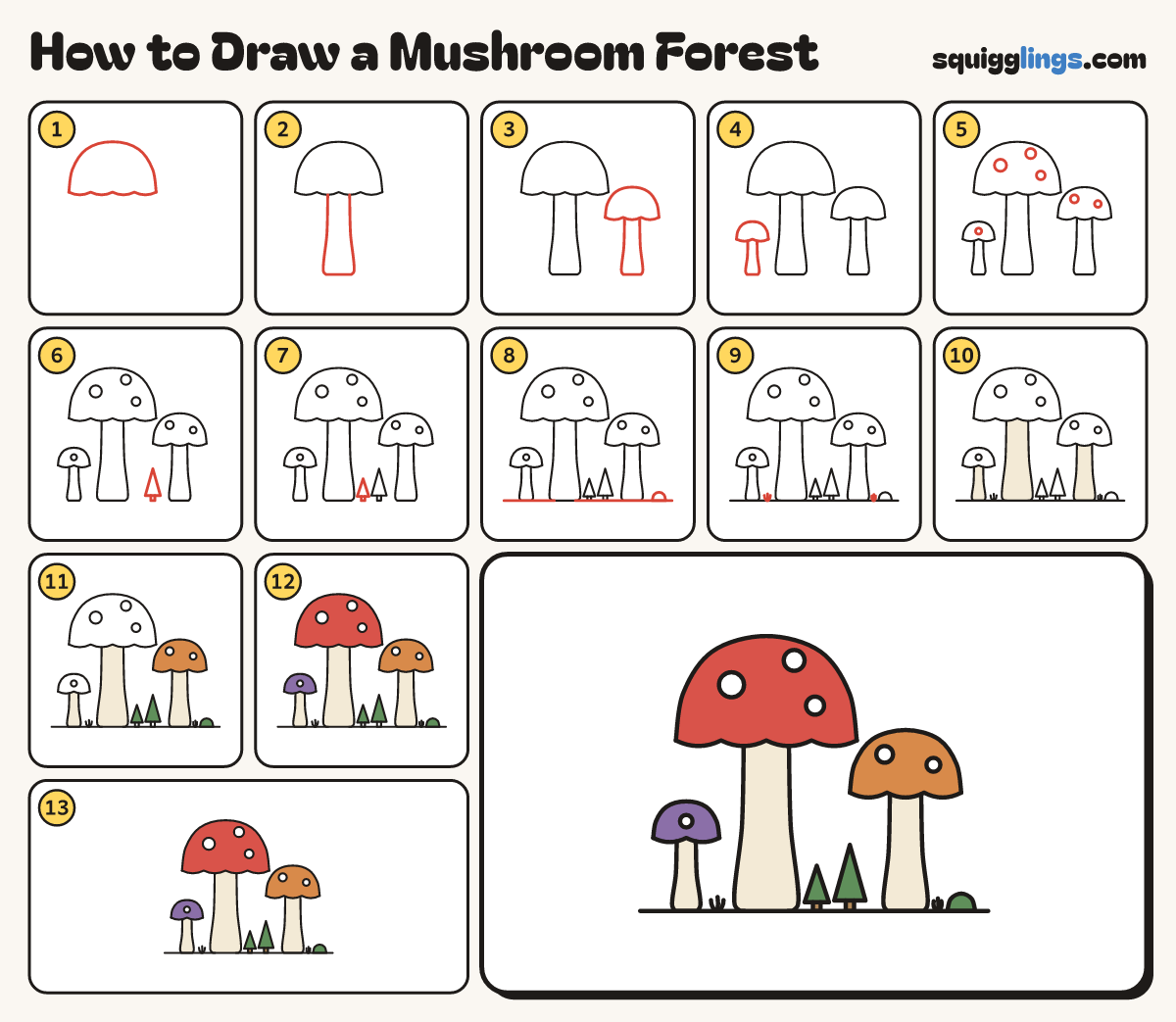 How to Draw a Mushroom Forest step by step: all 13 steps in one picture