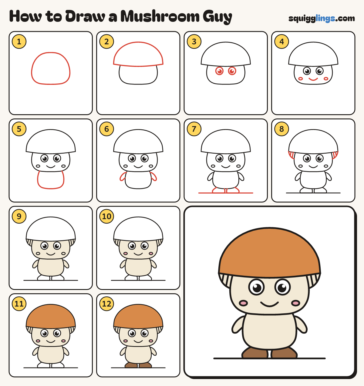 How to Draw a Mushroom Guy step by step: all 12 steps in one picture