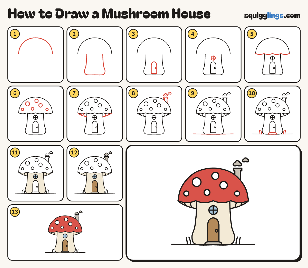 How to Draw a Mushroom House step by step: all 13 steps in one picture