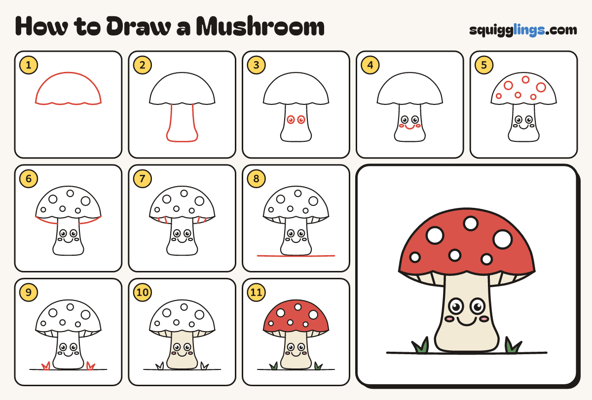 How to Draw a Mushroom step by step: all 11 steps in one picture