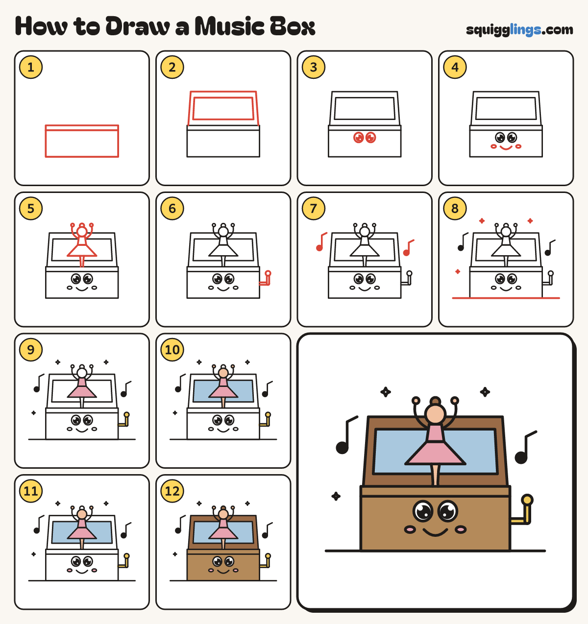 How to Draw a Music Box step by step: all 12 steps in one picture