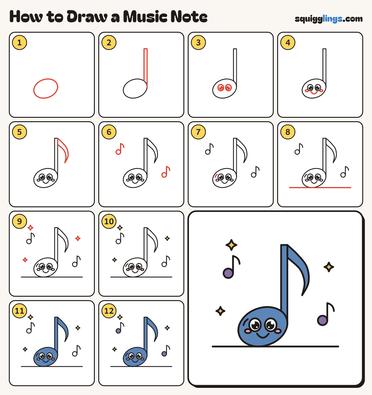 How to Draw a Music Note step by step: all 12 steps in one picture