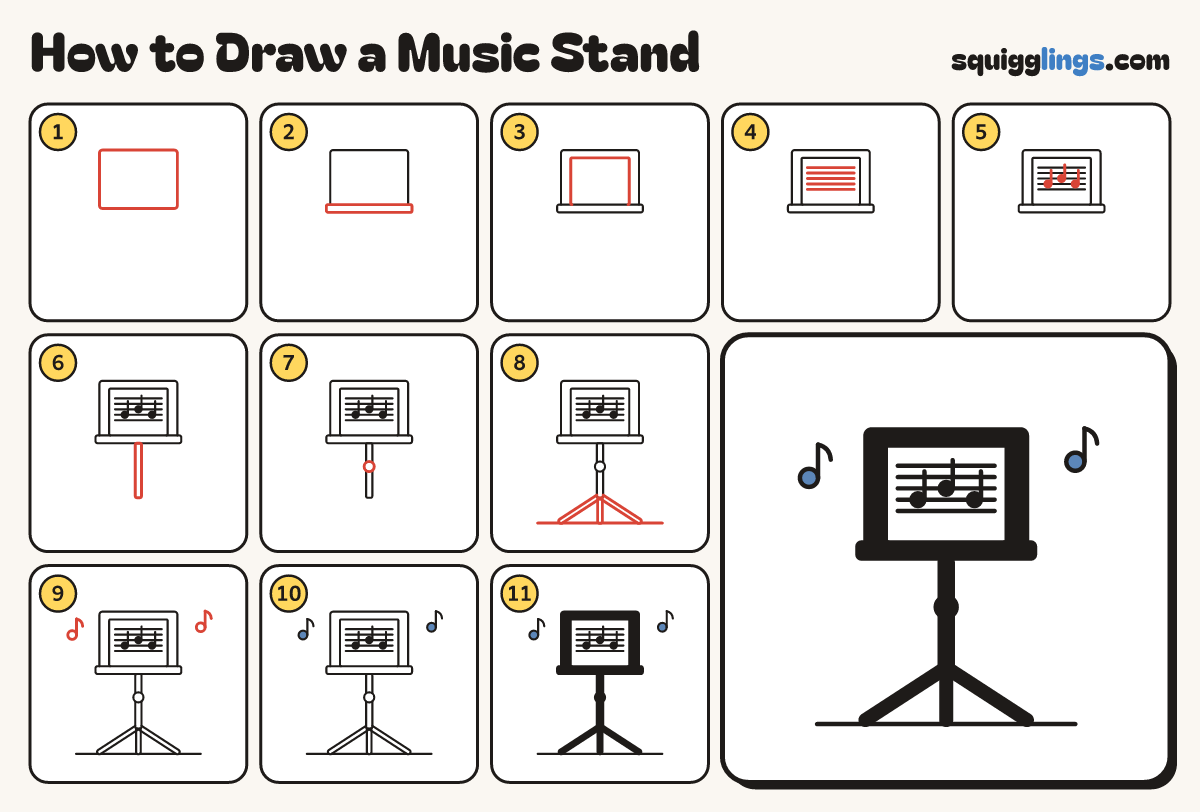 How to Draw a Music Stand step by step: all 11 steps in one picture