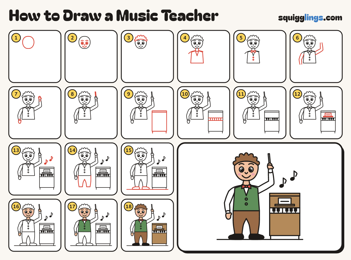 How to Draw a Music Teacher step by step: all 18 steps in one picture