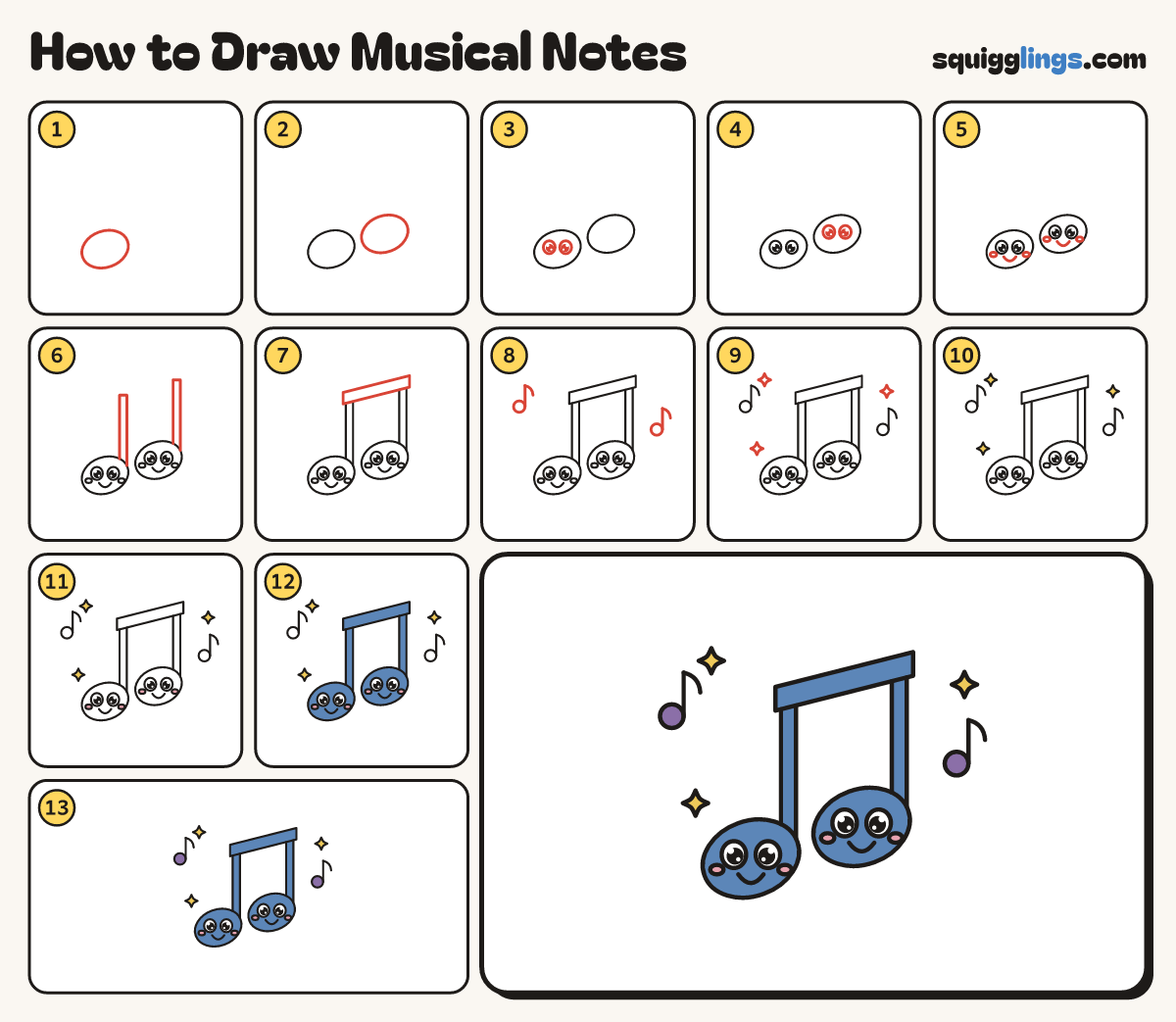 How to Draw Musical Notes step by step: all 13 steps in one picture