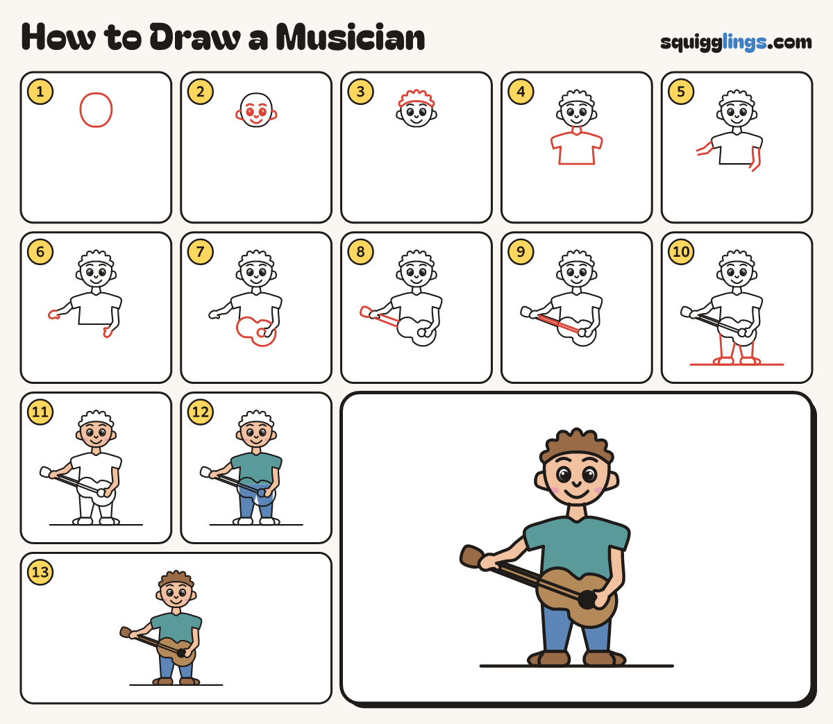 How to Draw a Musician step by step: all 13 steps in one picture