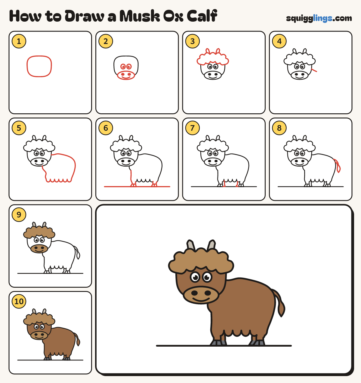 How to Draw a Musk Ox Calf step by step: all 10 steps in one picture