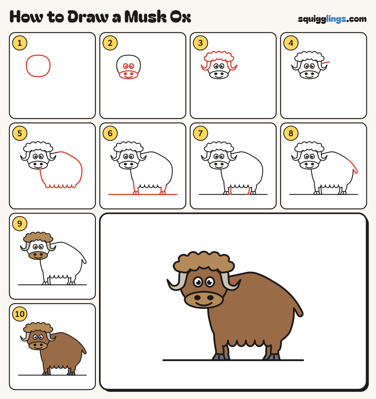 How to Draw a Musk Ox step by step: all 10 steps in one picture