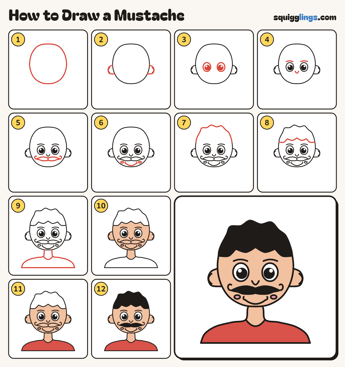 How to Draw a Mustache step by step: all 12 steps in one picture