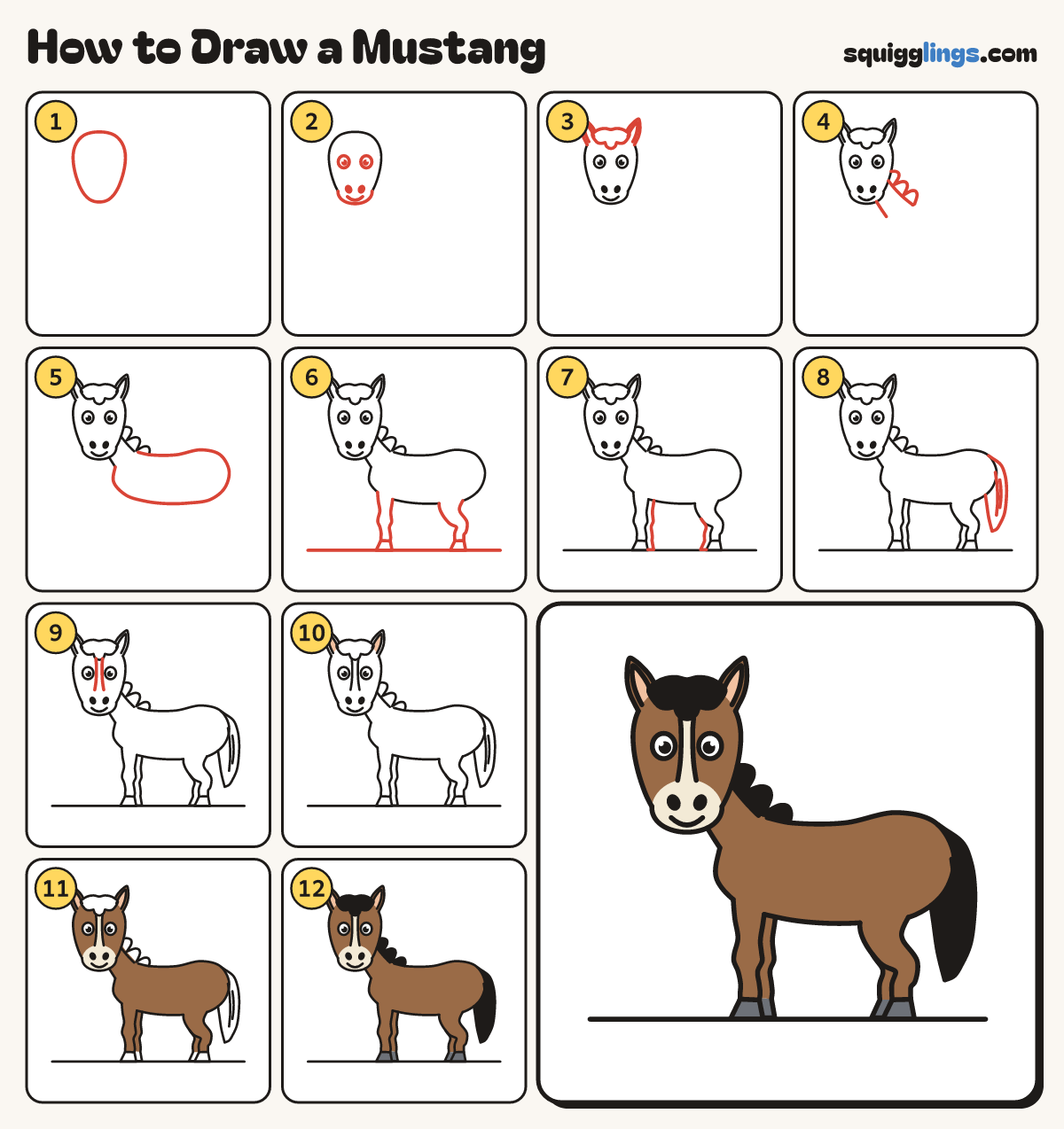 How to Draw a Mustang step by step: all 12 steps in one picture