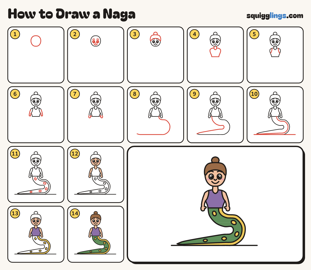 How to Draw a Naga step by step: all 14 steps in one picture