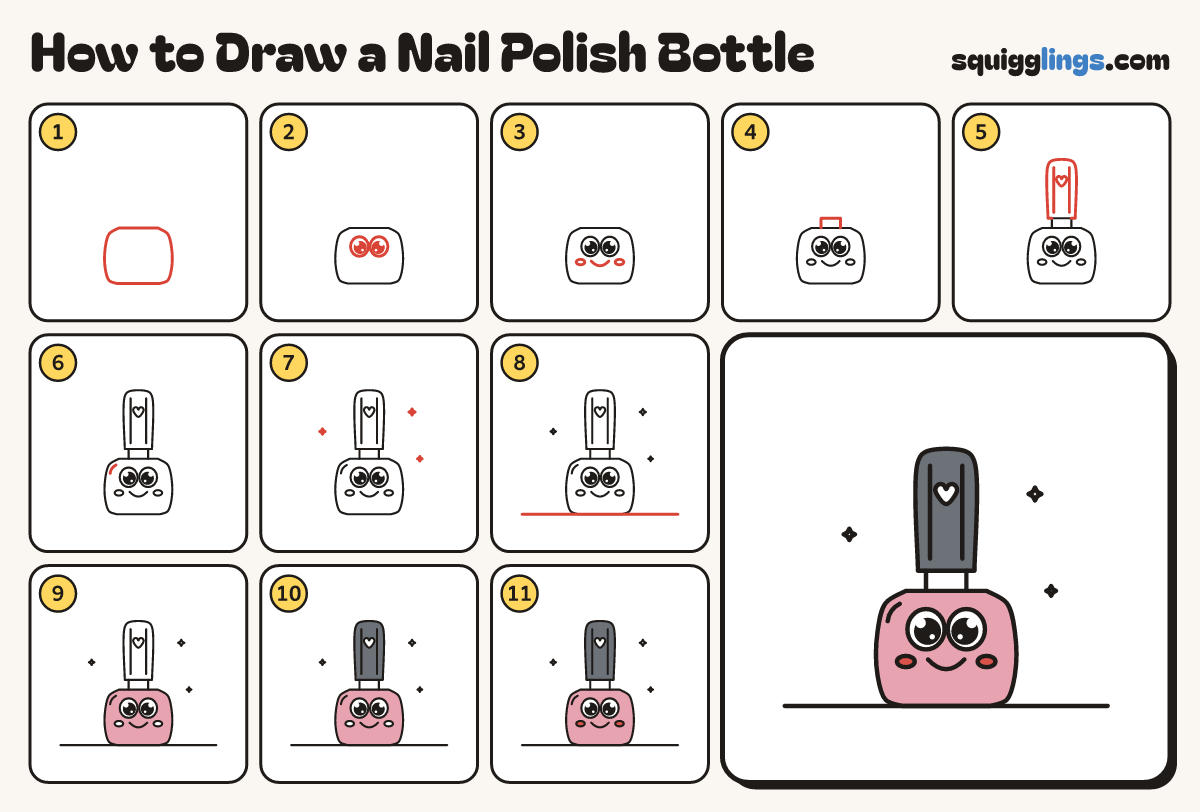 How to Draw a Nail Polish Bottle step by step: all 11 steps in one picture