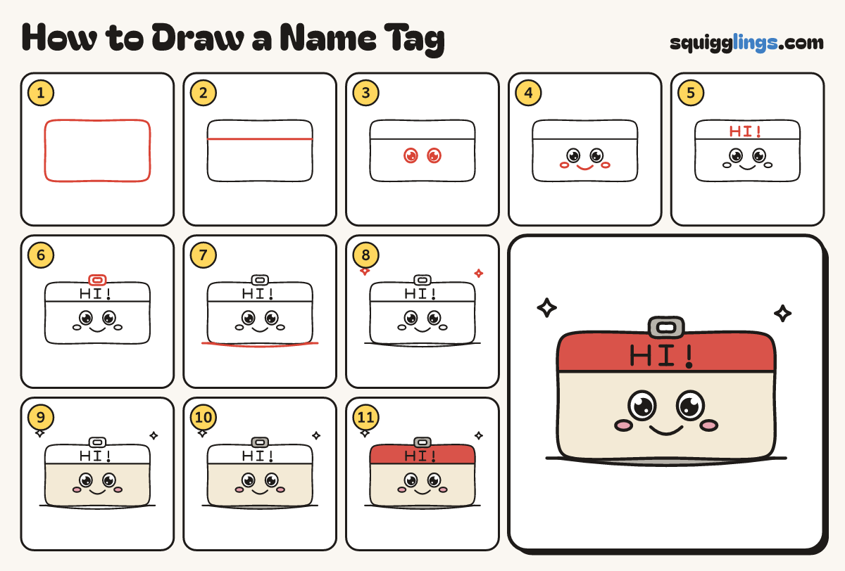 How to Draw a Name Tag step by step: all 11 steps in one picture