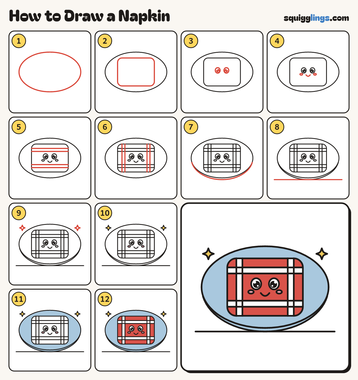 How to Draw a Napkin step by step: all 12 steps in one picture